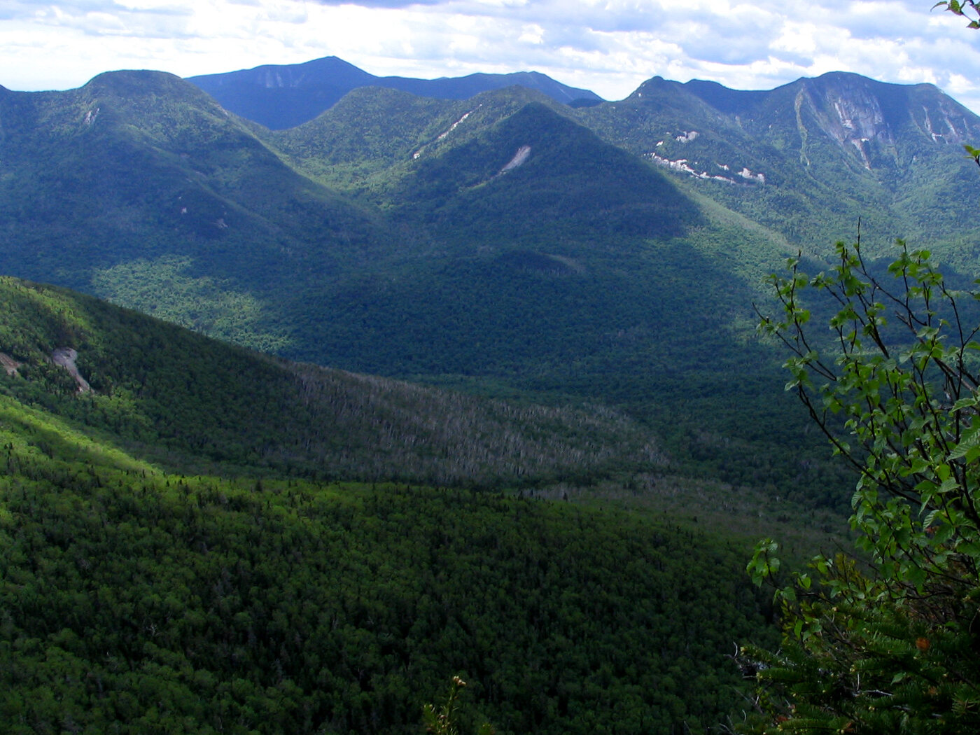 The Great Range in the Adirondack High Peaks in summer, a line of forested summits with pale rock slides on their flanks above a deep green valley