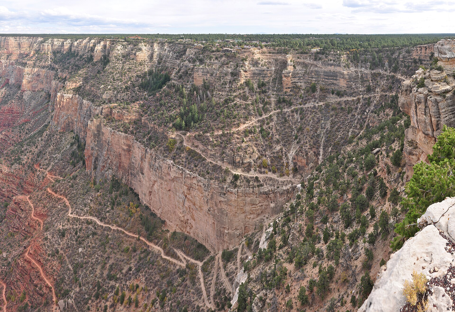 The Bright Angel Trail switchbacking down through layered cliffs below the Grand Canyon's South Rim, with the rim village visible above