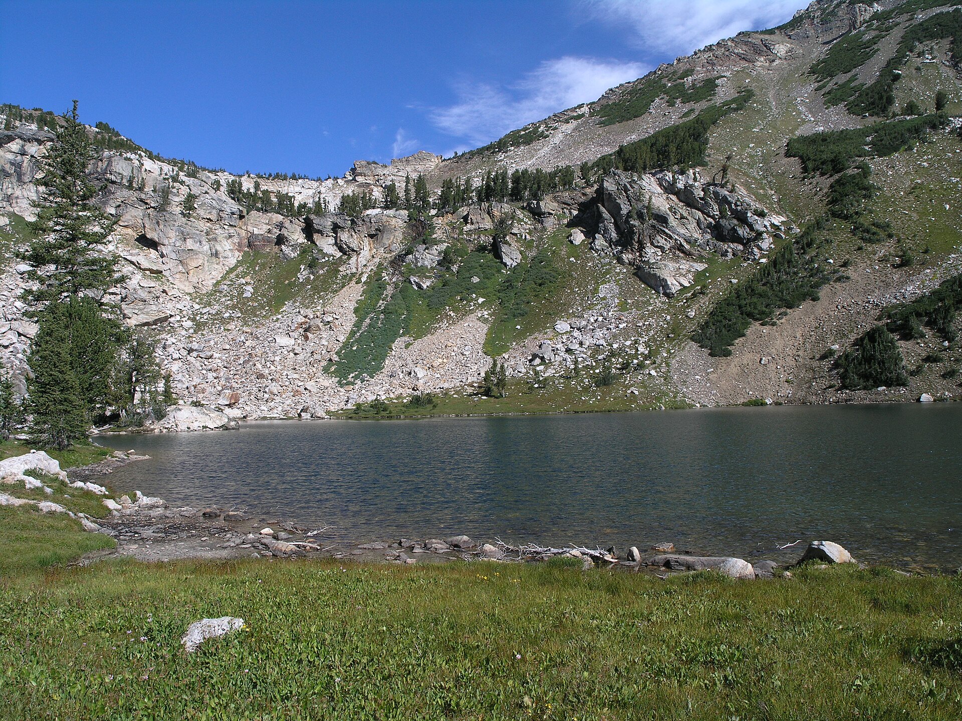 A small alpine lake in a granite bowl below a steep boulder field and scattered conifers, with green meadow in the foreground under a deep blue sky