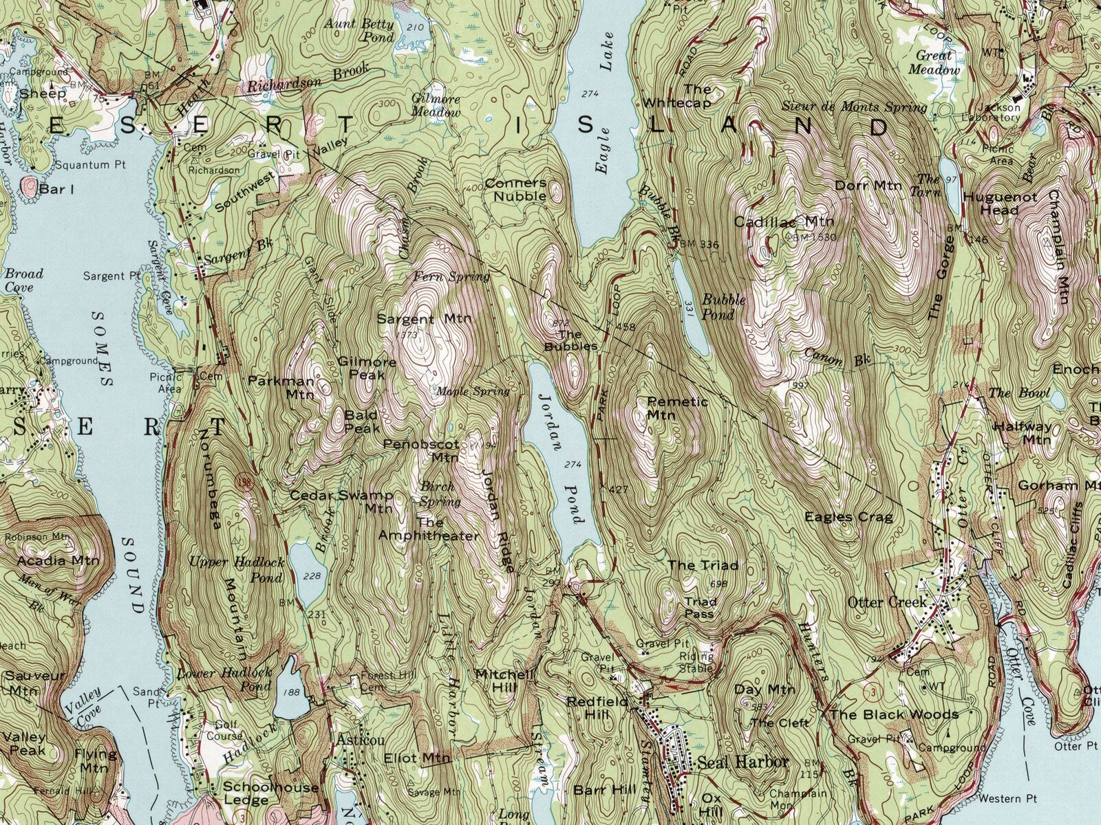 Detail from a USGS topographic map of Mount Desert Island, Maine, showing brown contour lines wrapped around Sargent Mountain, Penobscot Mountain and Cadillac Mountain, with Jordan Pond and Somes Sound in blue