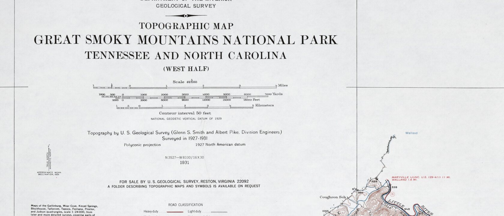 The margin of a USGS topographic map of Great Smoky Mountains National Park, showing the title, the scale bars, the note 'Contour interval 50 feet', the survey dates 1927-1931, and a small declination diagram marked 'approximate mean declination, 1931'