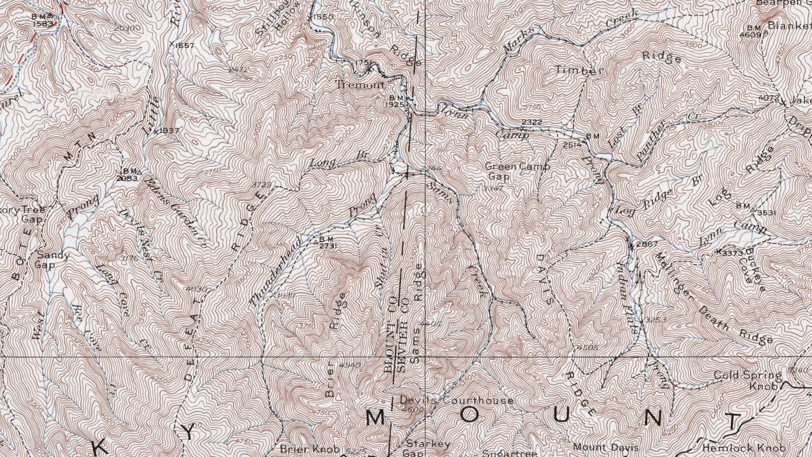 Detail from a USGS topographic map of the Great Smoky Mountains, showing densely packed brown contour lines over a pattern of named ridges, prongs and gaps
