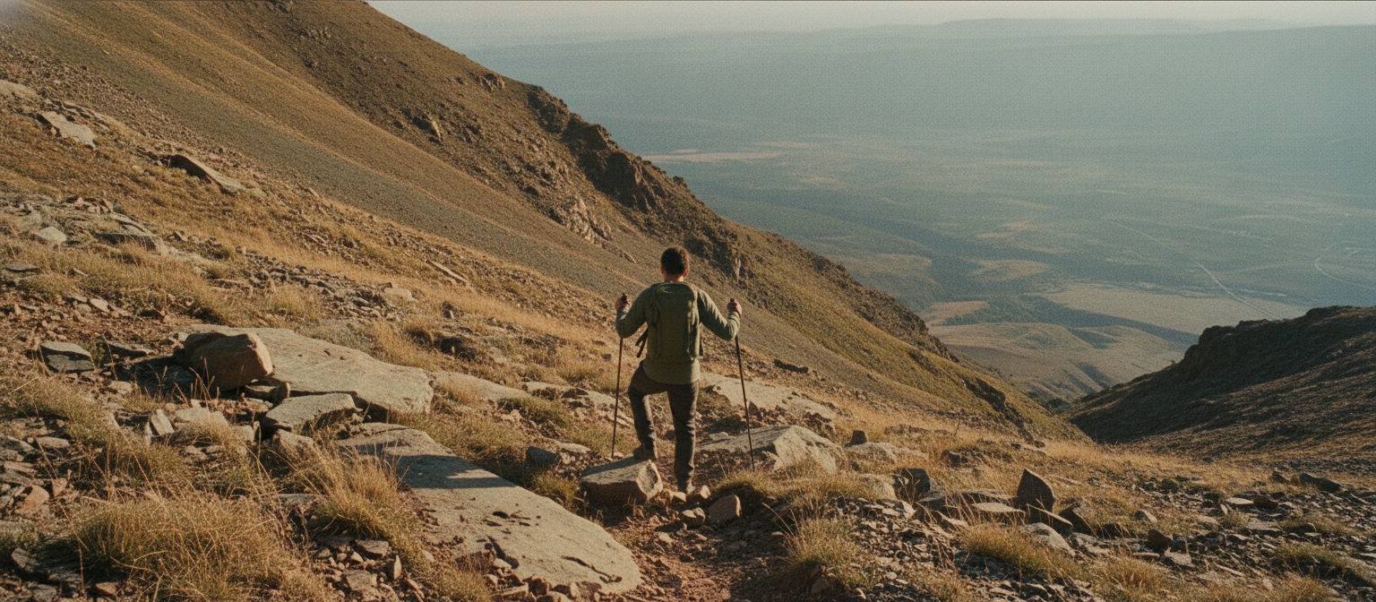 A hiker seen from above and behind, descending a steep rocky trail with both trekking poles planted downhill ahead of them and the leading knee bent, with a hazy valley floor far below