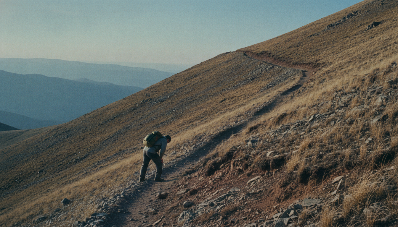 A hiker with a small daypack pausing with a hand on one knee partway up a steep, eroded switchback trail on a bare grassy hillside, with hazy ridgelines far below