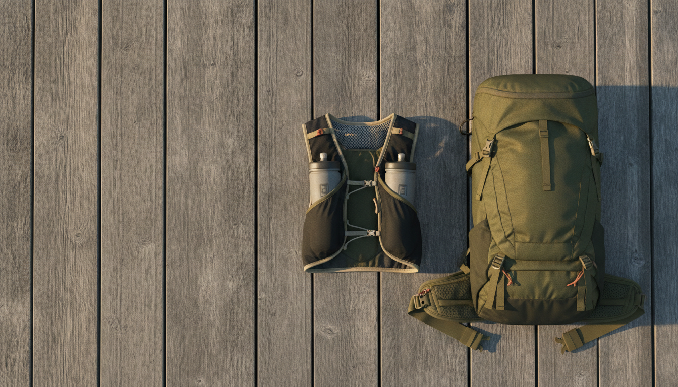 Overhead view on weathered grey boards of a trail running hydration vest with two soft flasks in its chest pockets, laid beside an olive hiking daypack turned to show its padded hip belt