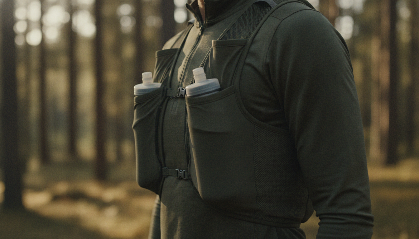 Side view of a runner's torso wearing a snug dark olive hydration vest, two soft flasks seated in the front chest pockets, stretch mesh panels wrapping the ribs