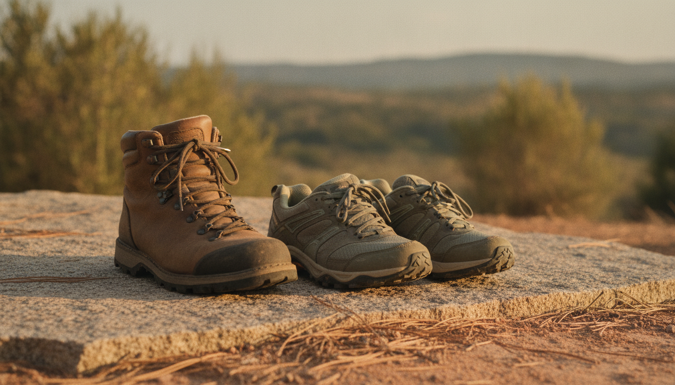 A mid-height leather hiking boot standing beside a pair of low-cut mesh trail running shoes on a granite slab in warm evening light