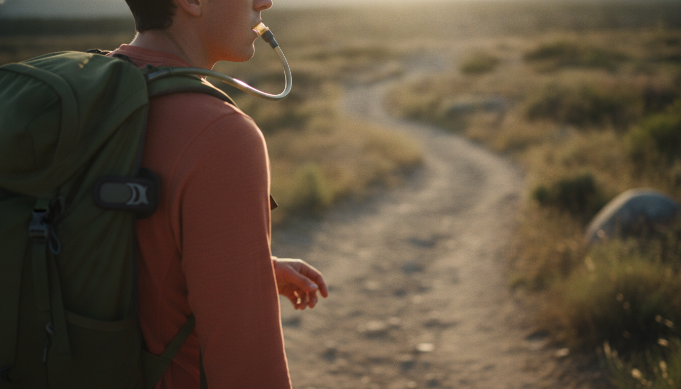A hiker seen from behind and to the side, drinking from a bite valve clipped to their pack's shoulder strap while still walking a sandy trail in low evening light