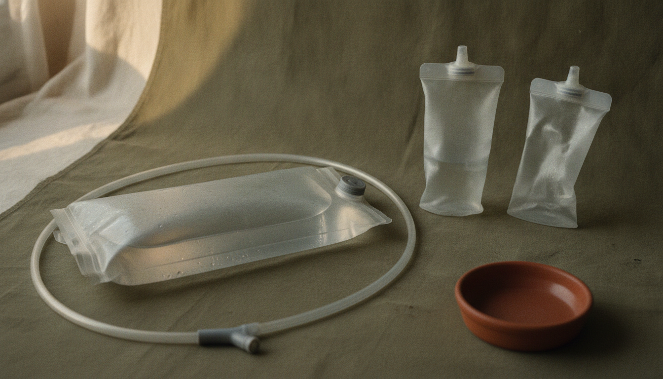 A full hydration reservoir with its drinking hose and bite valve laid out on olive canvas beside two soft collapsible flasks, one full and one folded flat