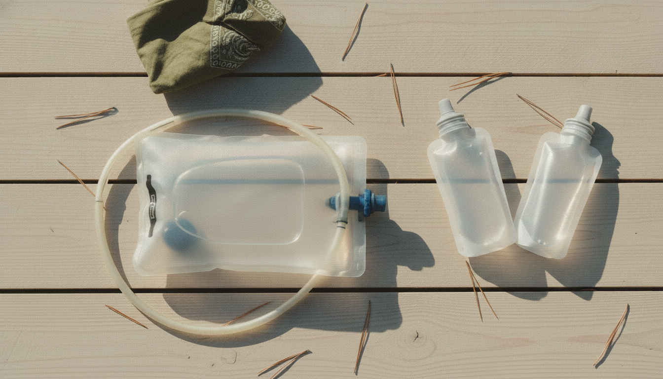 Overhead view of a hydration reservoir with its hose curled beside it and two small soft flasks laid out on pale wooden boards