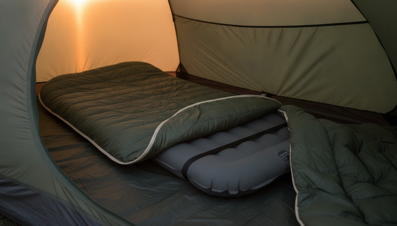 A green down quilt draped over an inflated grey sleeping pad inside a tent at dawn, one edge turned back to show that there is no insulation underneath and a black strap running across the bare pad
