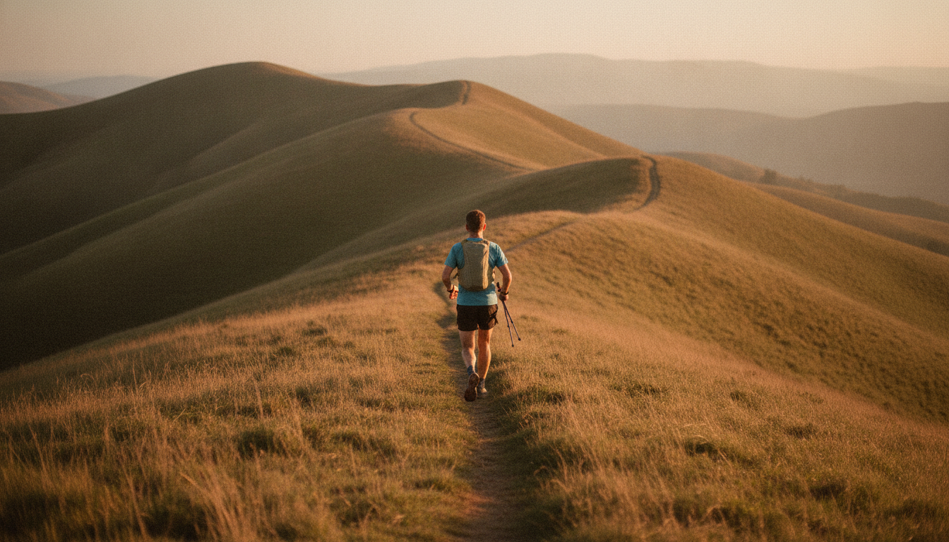 A runner in a small vest-style pack jogging a grass singletrack along an open ridge in late afternoon light