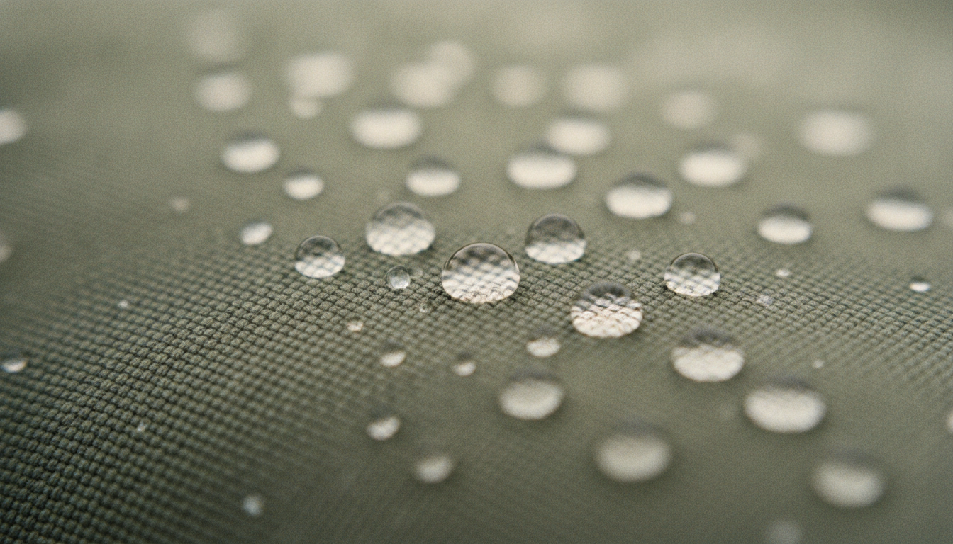 Macro view of rainwater beaded into round droplets on taut olive ripstop shell fabric, the woven grid visible beneath