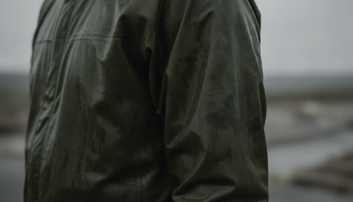 A rain shell shoulder and sleeve gone dark and patchy with water, the surface soaked flat instead of beading