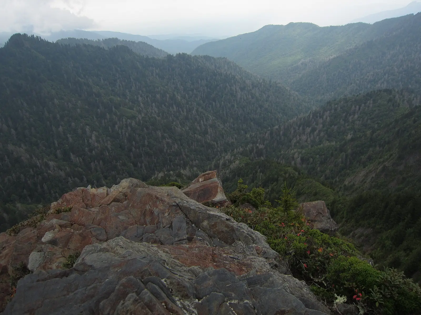 The bare rock outcrop of Charlies Bunion in the Great Smoky Mountains, dark layered stone in the foreground dropping into a deep forested valley with cloud sitting on the ridges beyond