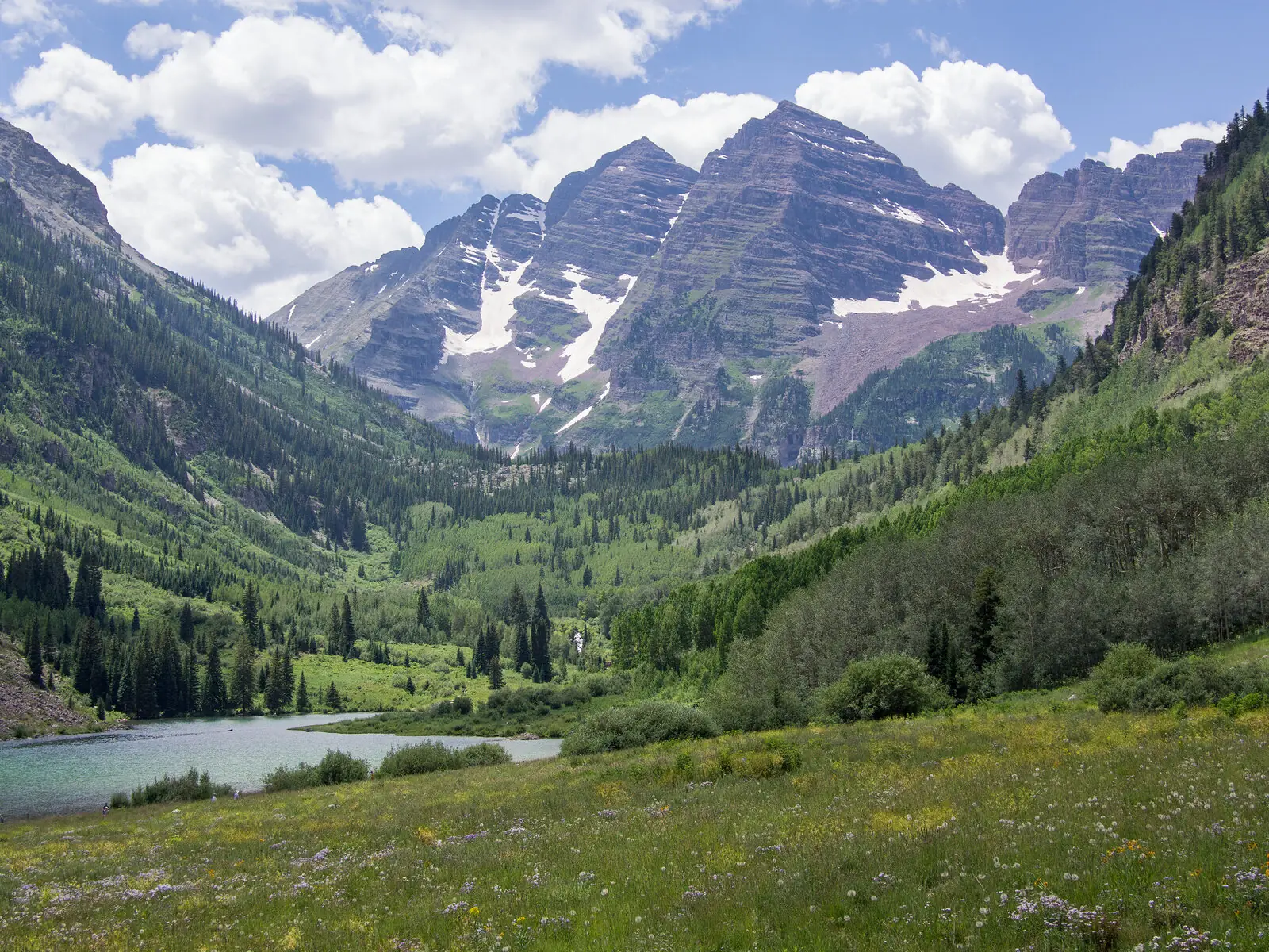 The Maroon Bells rising above Maroon Lake near Aspen, dark conifer forest covering the lower slopes and stopping partway up the bare striped peaks