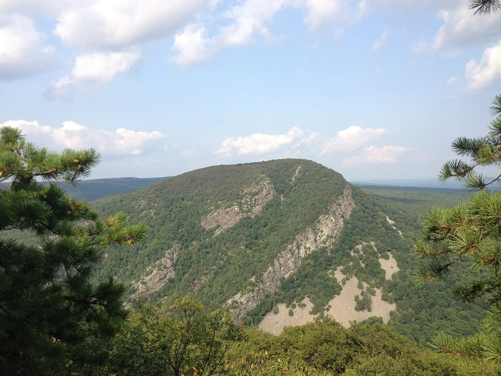 Mount Tammany seen across the Delaware Water Gap, a rounded forested summit with gray cliff bands and a pale scree slope below it
