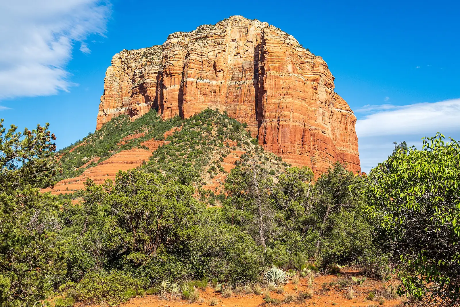 Courthouse Butte near Sedona, a huge banded red and cream sandstone butte rising above a skirt of green juniper and scrub under a blue sky