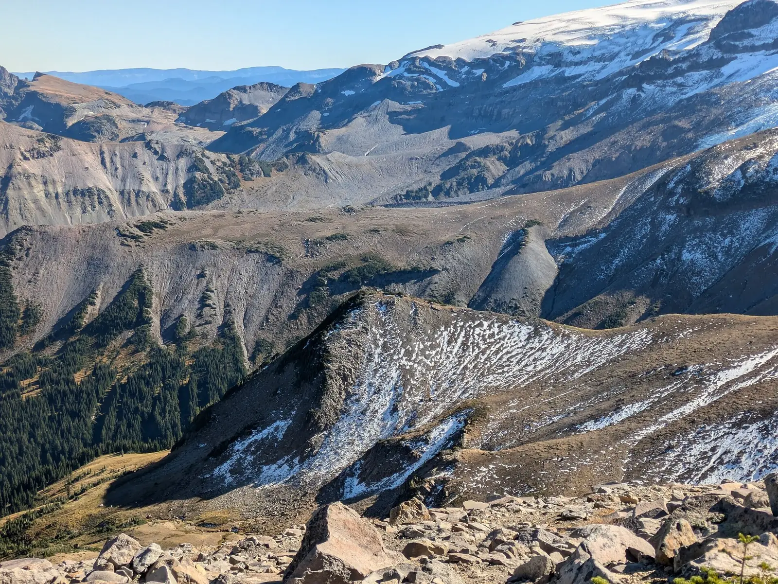 The glacier-covered flank of Mount Rainier above bare gray ridges streaked with snow, with a rocky foreground slope and dark conifers in the valley below