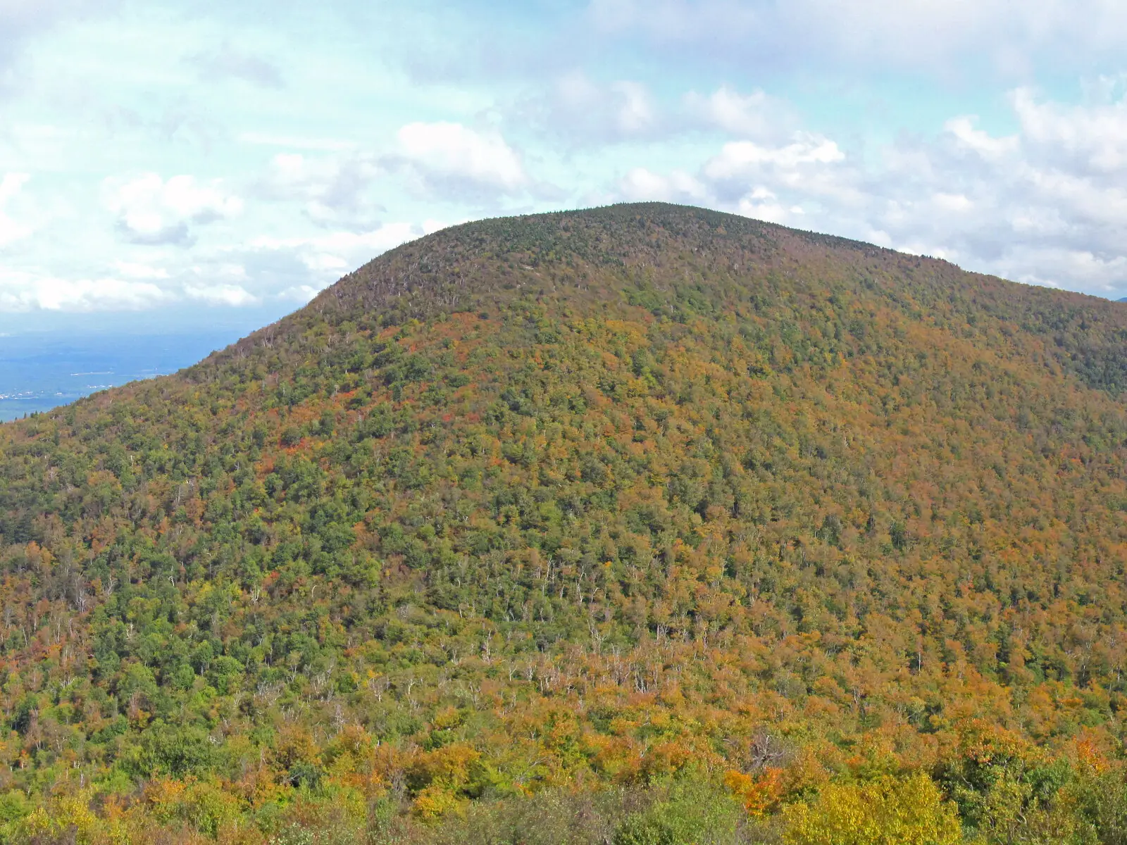 The rounded, entirely forested dome of Blackhead Mountain seen from a neighboring summit, its slopes patched with early autumn orange and green