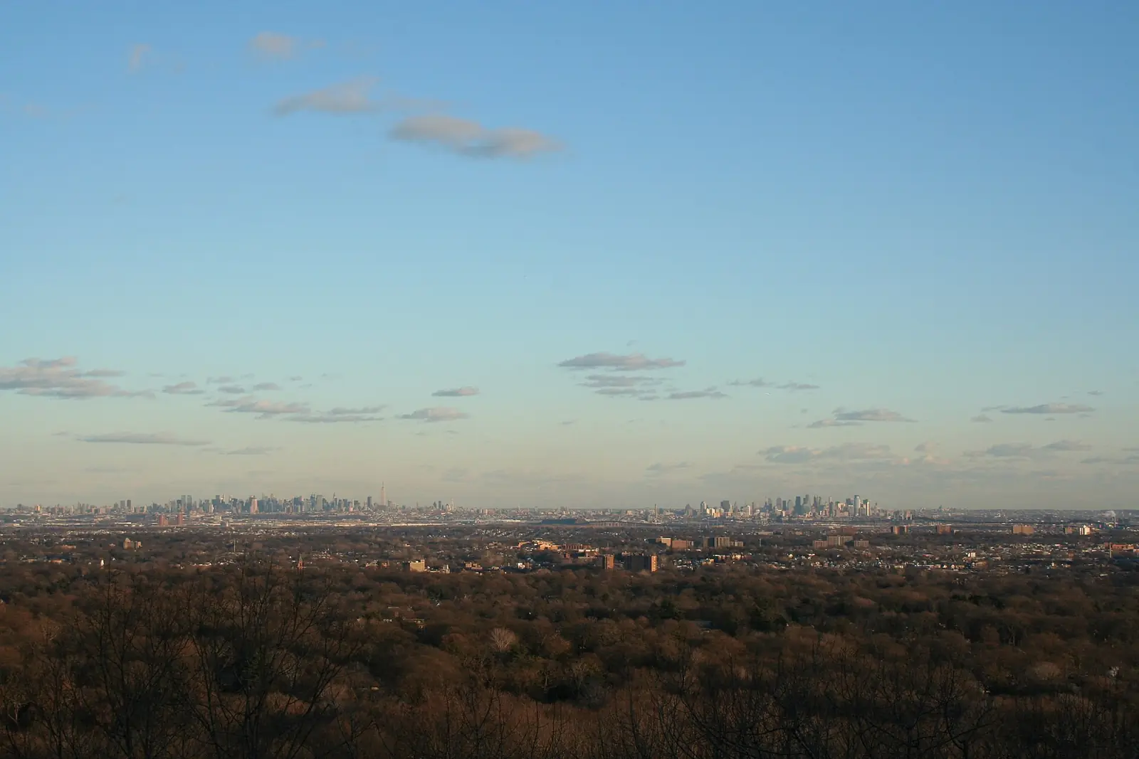 The Manhattan skyline low on the horizon seen from the wooded ridge at Eagle Rock Reservation, with bare branches in the foreground and the New Jersey suburbs spread out between