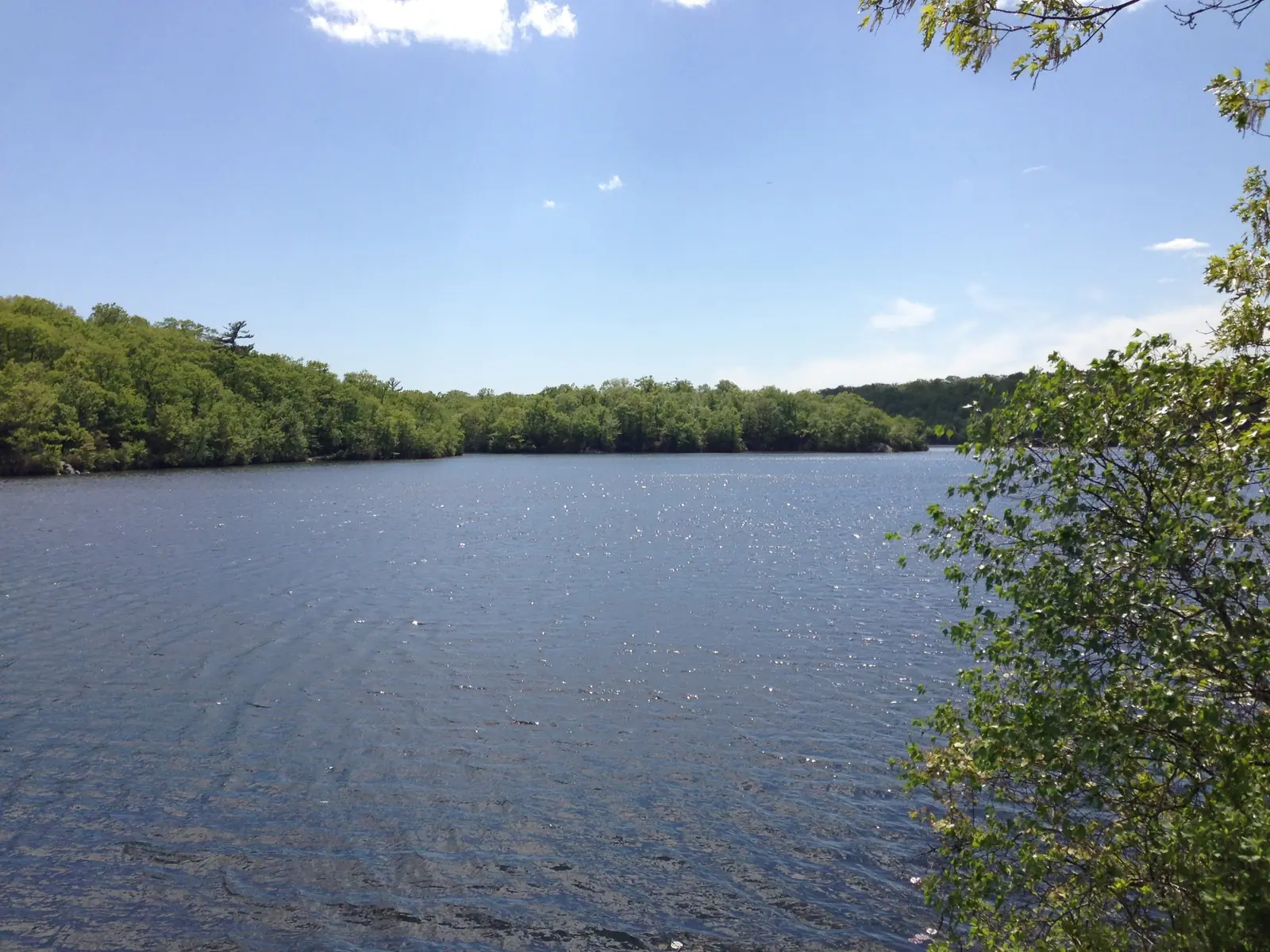 Ramapo Lake seen from the trail on a bright spring day, wooded hills coming down to the far shore and the water ruffled by wind