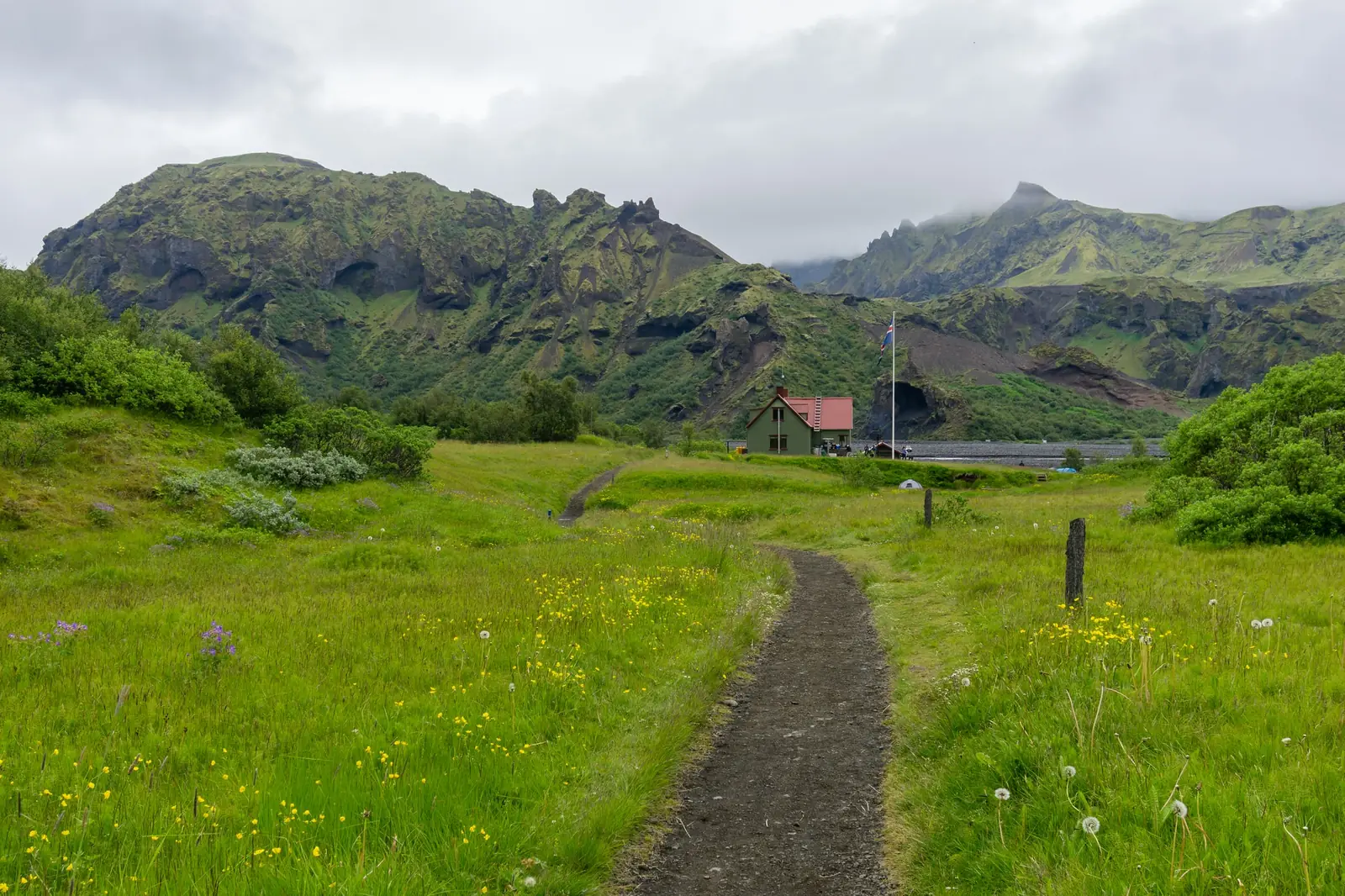 A gravel footpath curving through a green meadow of wildflowers toward a small hut with olive-green walls and a red gabled roof flying an Icelandic flag, with steep eroded moss-covered mountains and a braided glacial riverbed behind it under low gray cloud