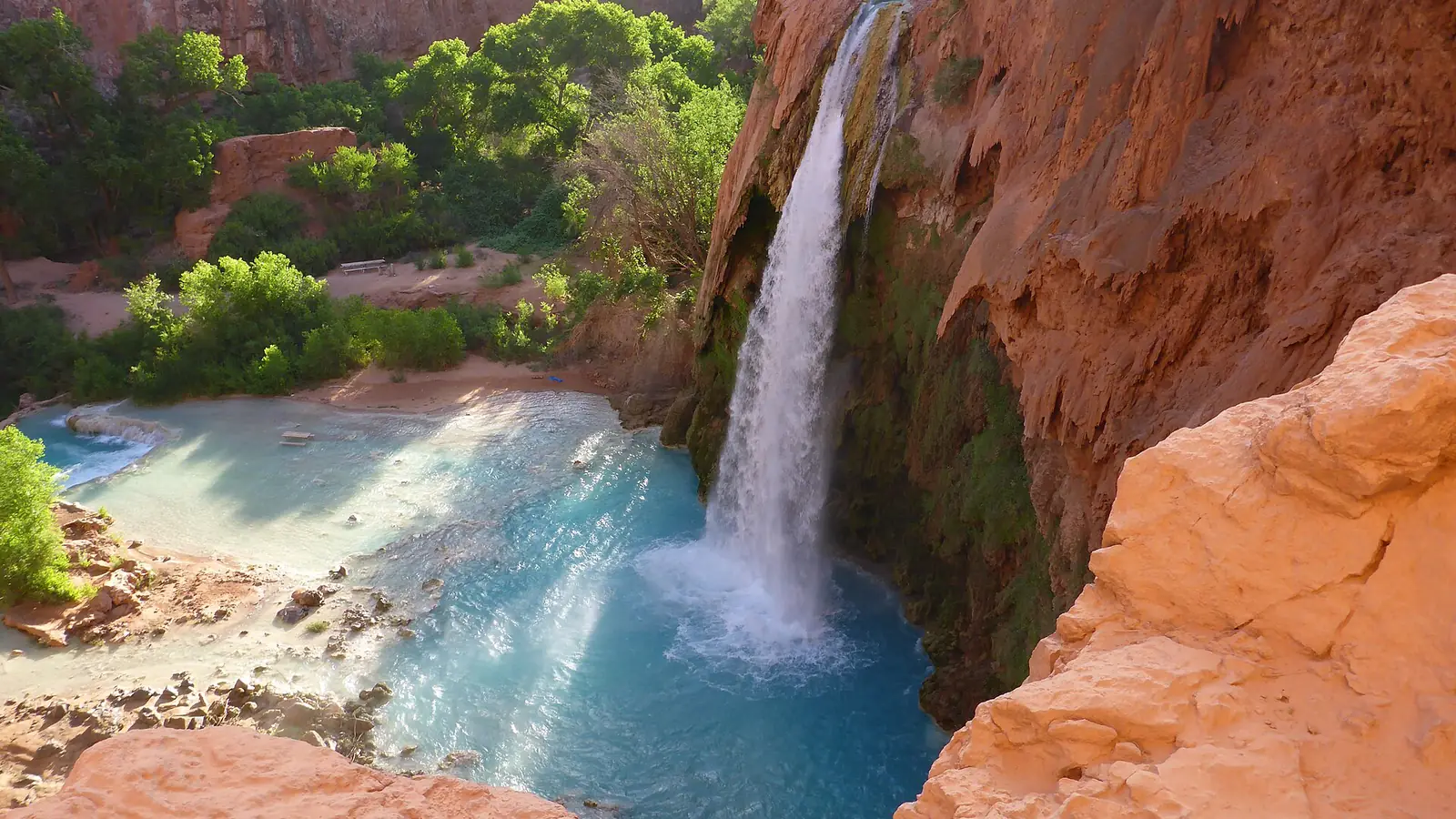 Havasu Falls dropping over a red travertine cliff into a bright turquoise pool, with cottonwoods and pale mineral terraces spreading out to the left