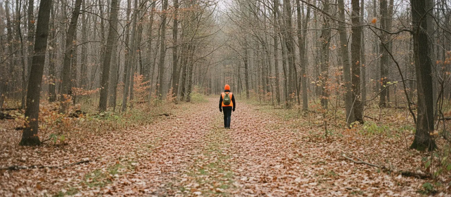 A hiker in a blaze orange vest and orange knit hat walks away down a wide leaf-covered path through bare gray hardwood trees in late autumn