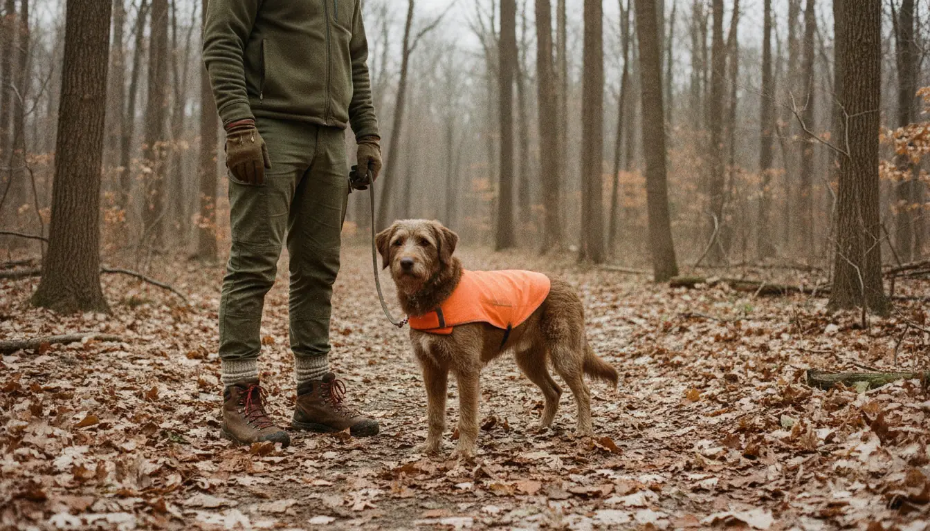 A shaggy brown dog in a blaze orange vest stands on a leash beside its owner's boots on a leaf-covered trail through bare late-autumn woods