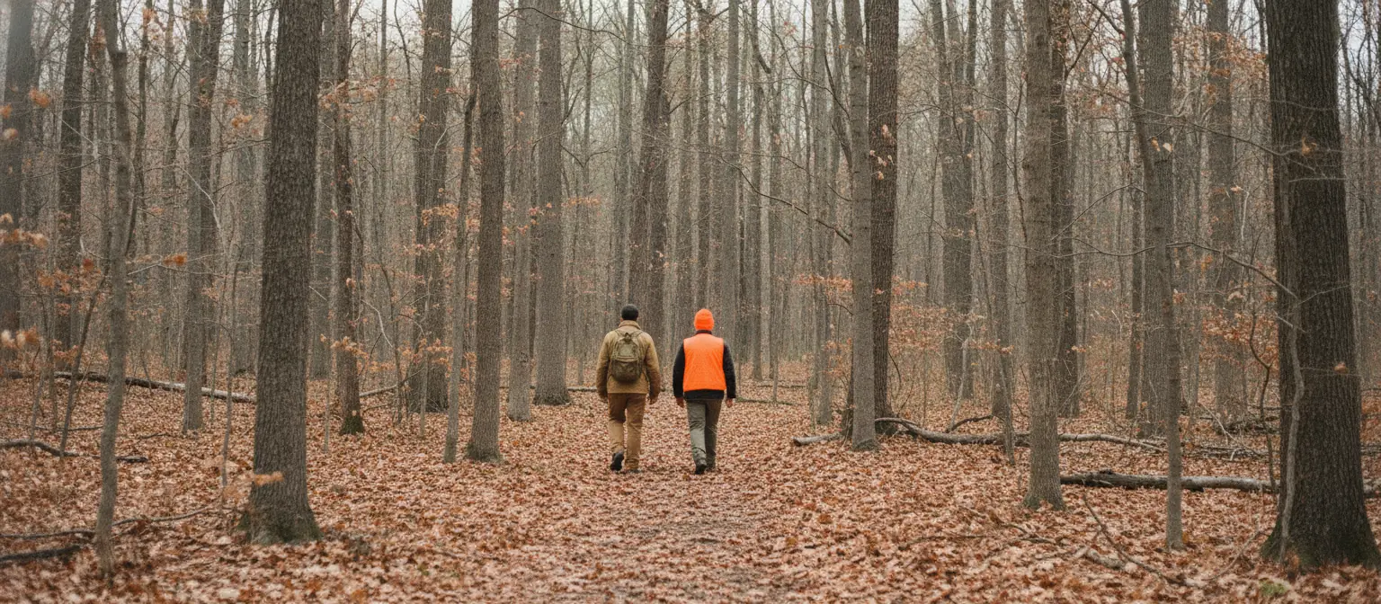 Two hikers seen from a distance among bare gray tree trunks and brown leaf litter, one in a tan jacket who blends into the woods and one in a blaze orange vest and hat who stands out sharply