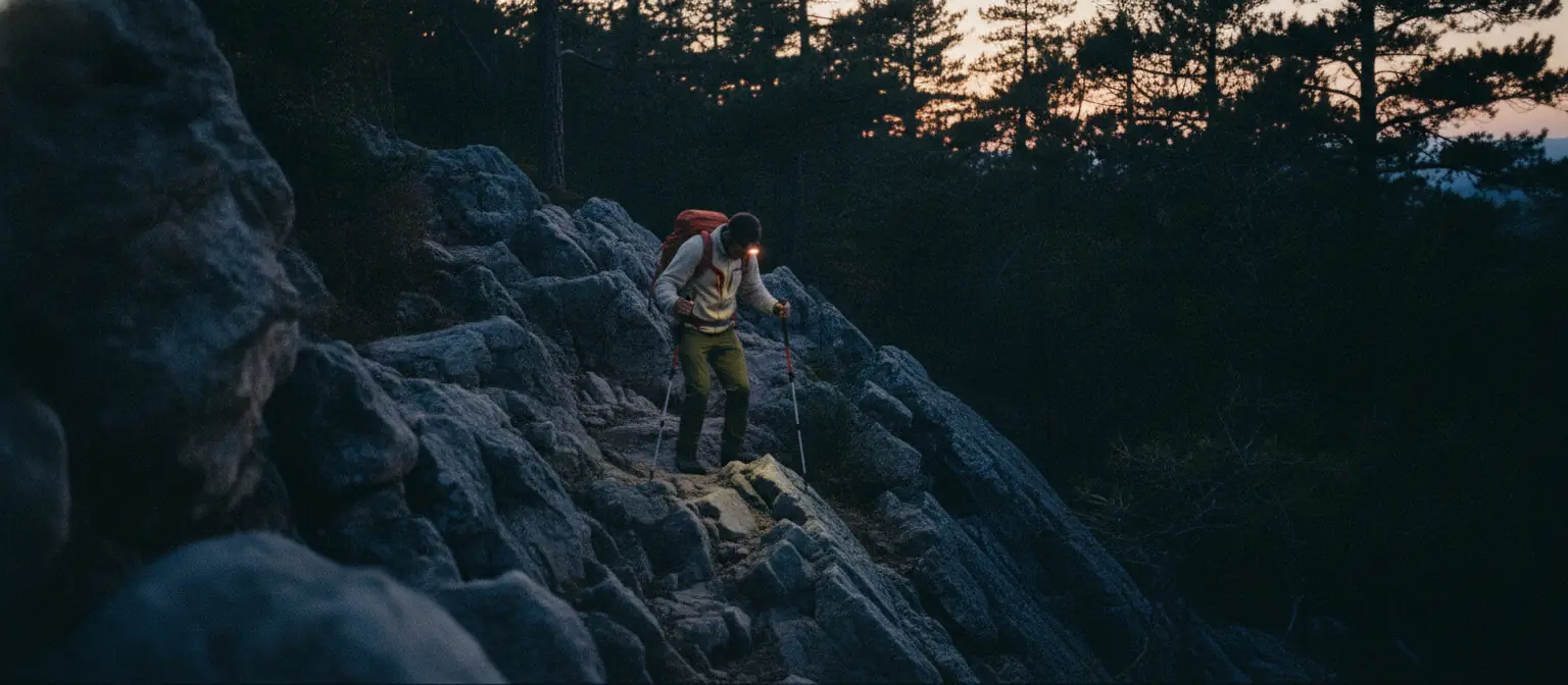 A hiker with a red pack and a lit headlamp steps carefully down a steep, rocky trail with trekking poles, dark pines behind and the last orange light of dusk in the sky
