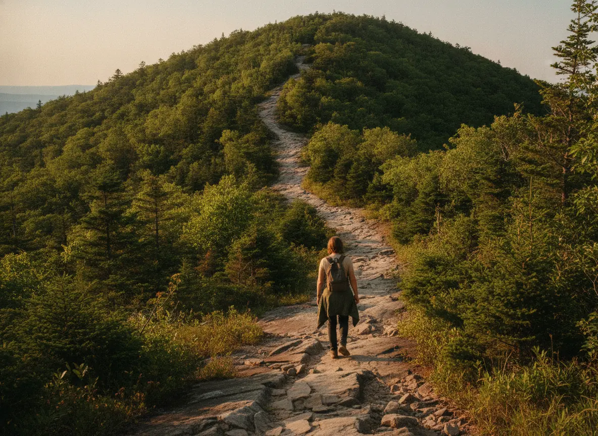 A day hiker with a small pack and a jacket tied at the waist walks up a rocky, open ridge trail between pines and hardwoods in low golden evening light