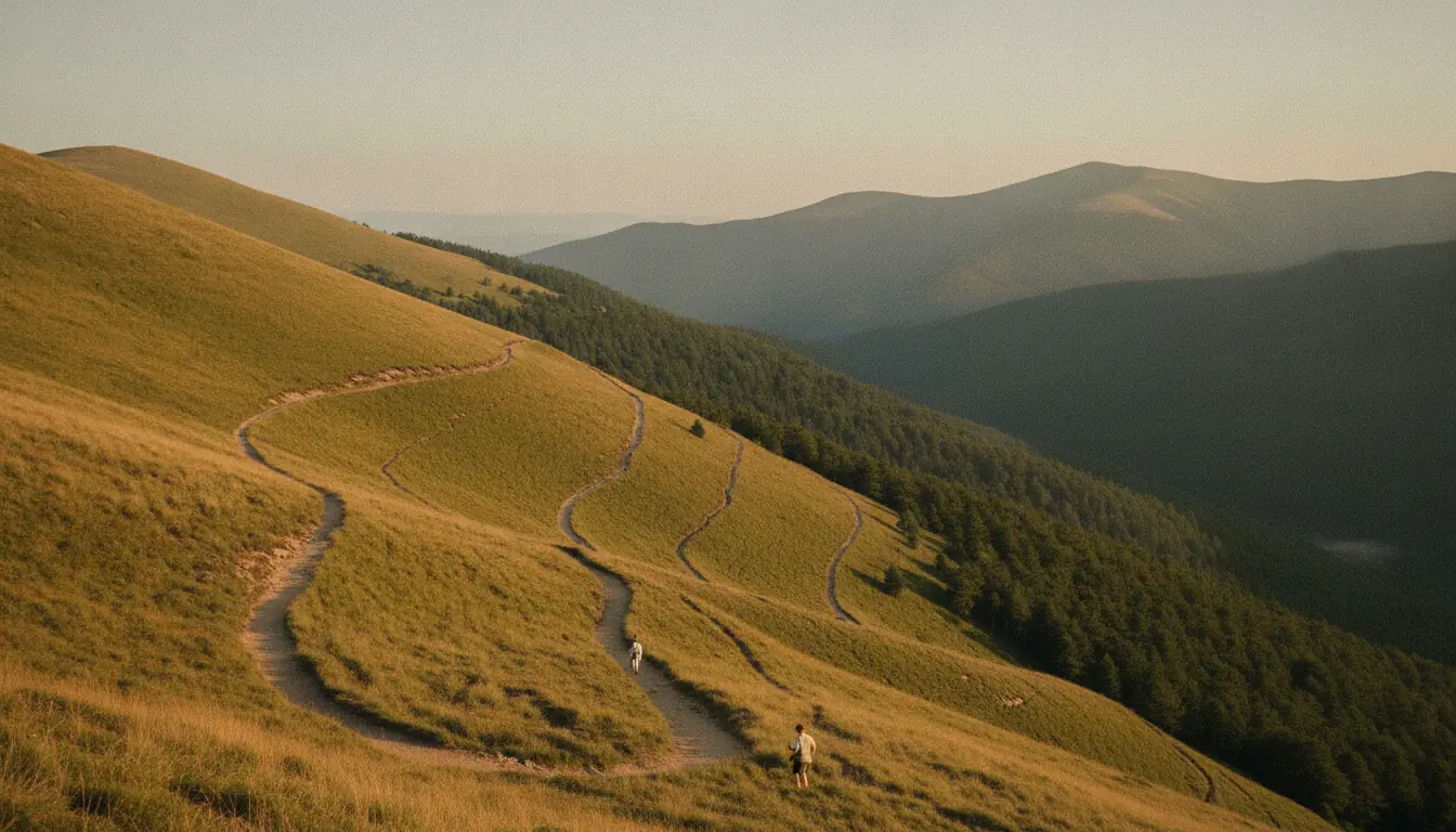 A dirt hiking trail zigzags in long switchbacks up an open grassy mountainside above a forested valley, with two small hikers partway up in golden evening light