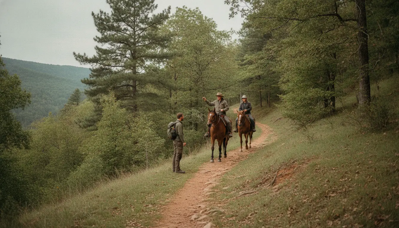 A hiker with a daypack stands still on the downhill edge of a narrow dirt trail while two riders on brown horses walk past, the lead rider raising a hand in thanks