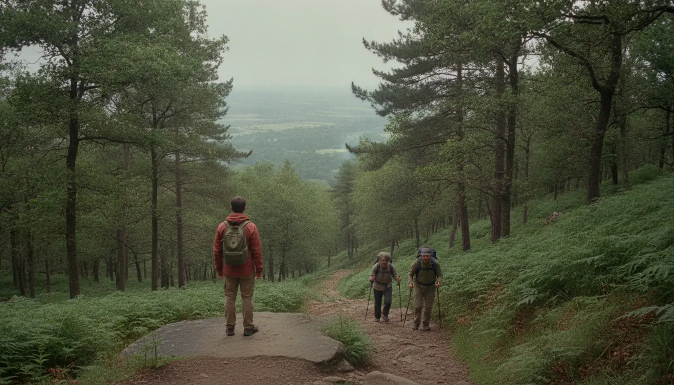 A hiker in a red jacket stands aside on a flat rock at the edge of a forest trail while two hikers with trekking poles climb toward him