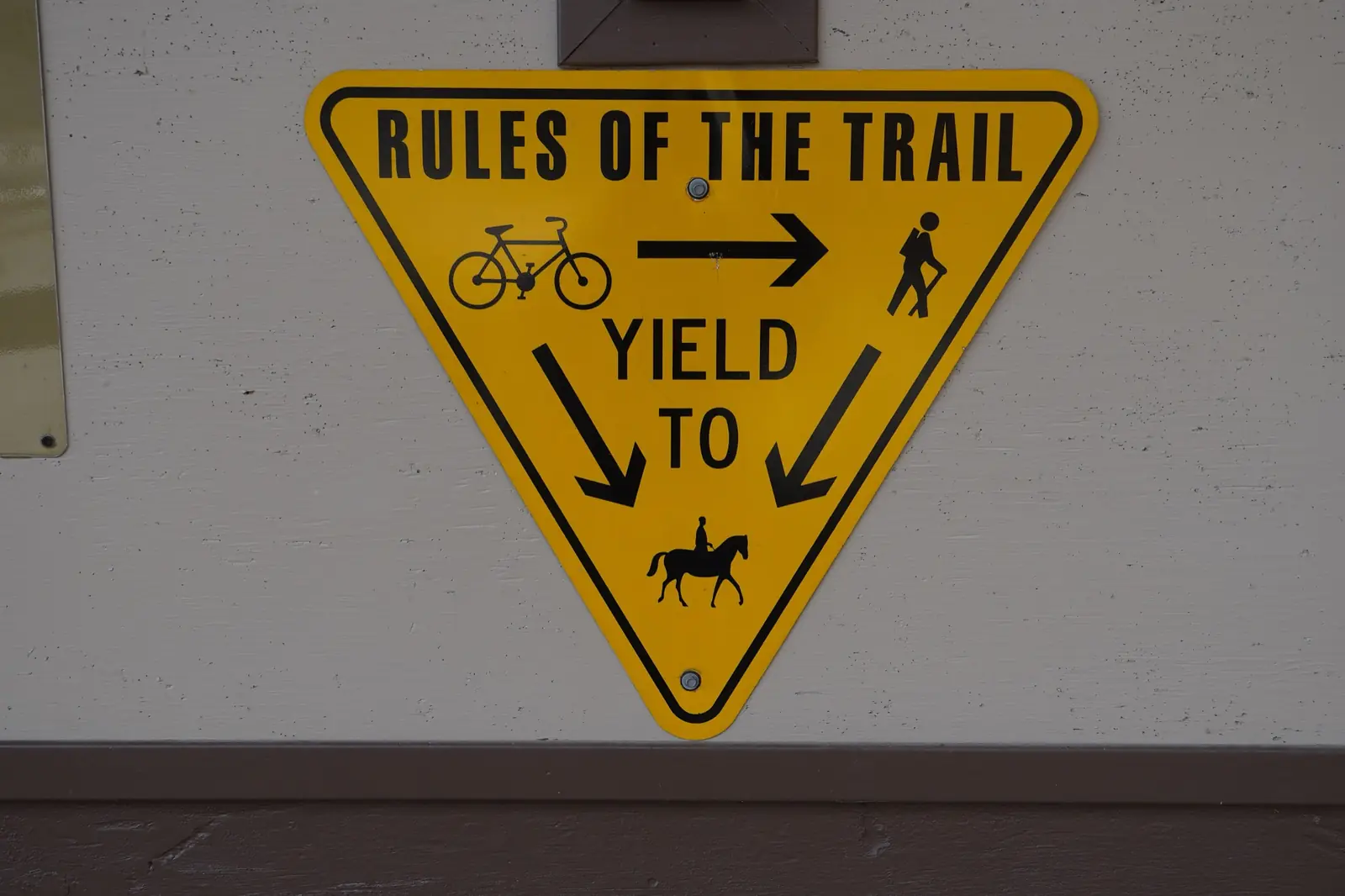 A yellow triangular trailhead sign headed Rules of the Trail, with arrows showing a bicycle yielding to a hiker and to a horse rider, and the hiker yielding to the horse rider