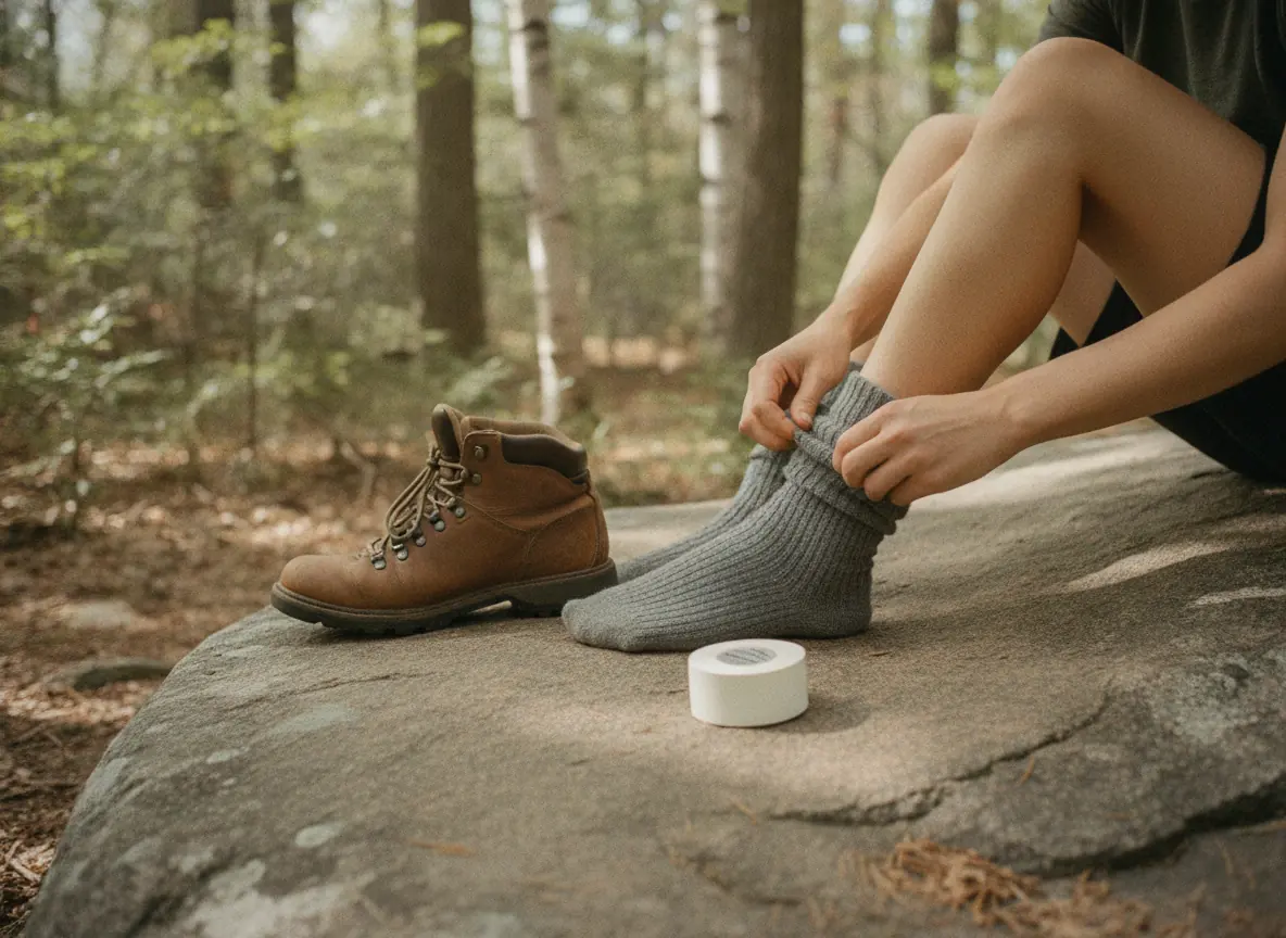 A hiker sitting on a flat granite rock beside a forest trail, one leather boot off, pulling a gray wool sock back on next to a roll of white tape