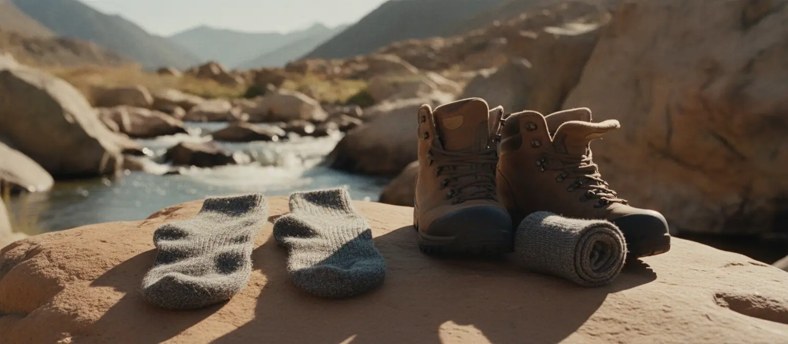 A pair of damp gray wool hiking socks drying on a sunlit rock beside open hiking boots and a rolled spare pair, with a mountain stream behind