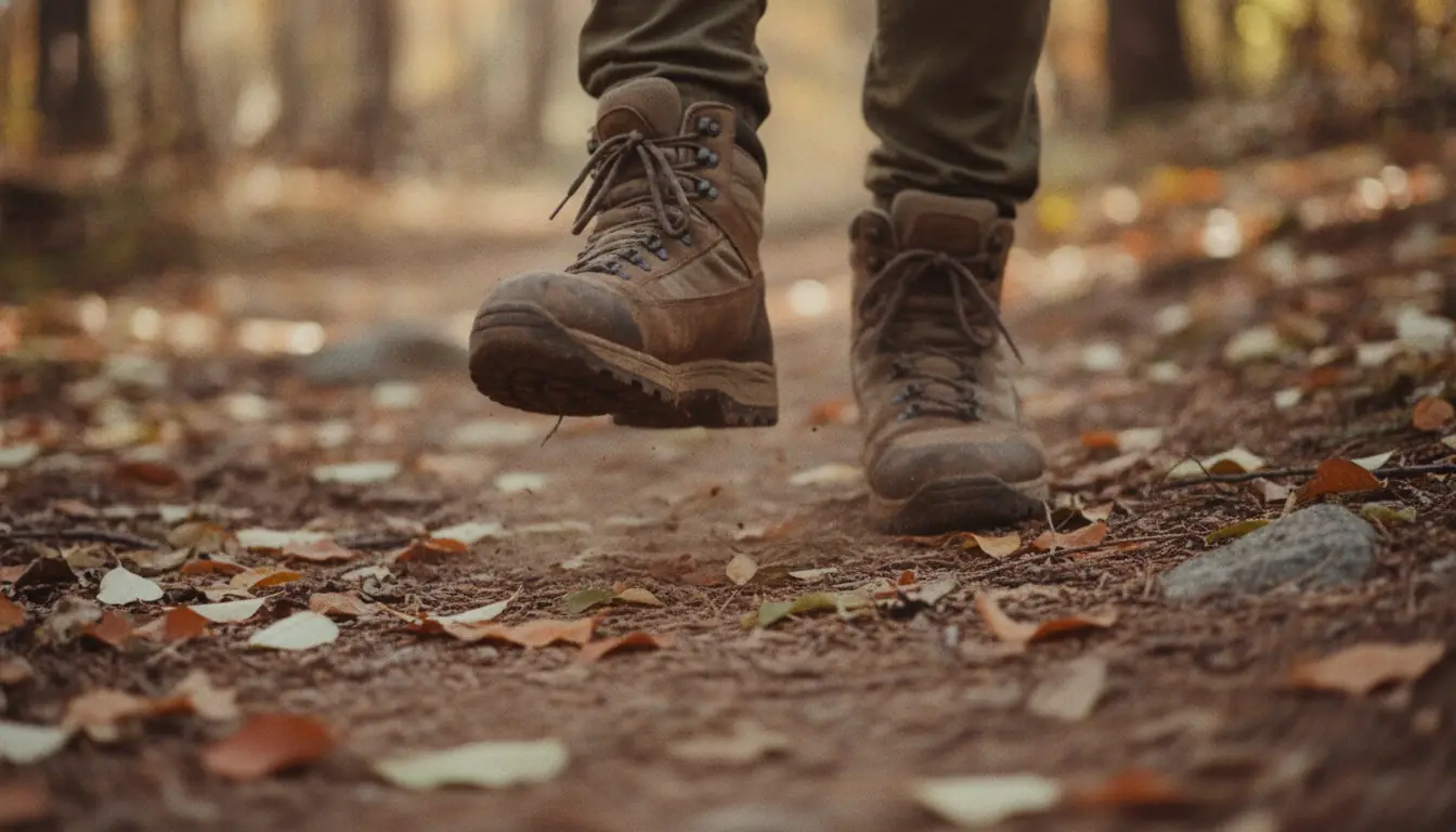 Close view at ground level of worn leather hiking boots mid-stride on a dirt trail scattered with autumn leaves