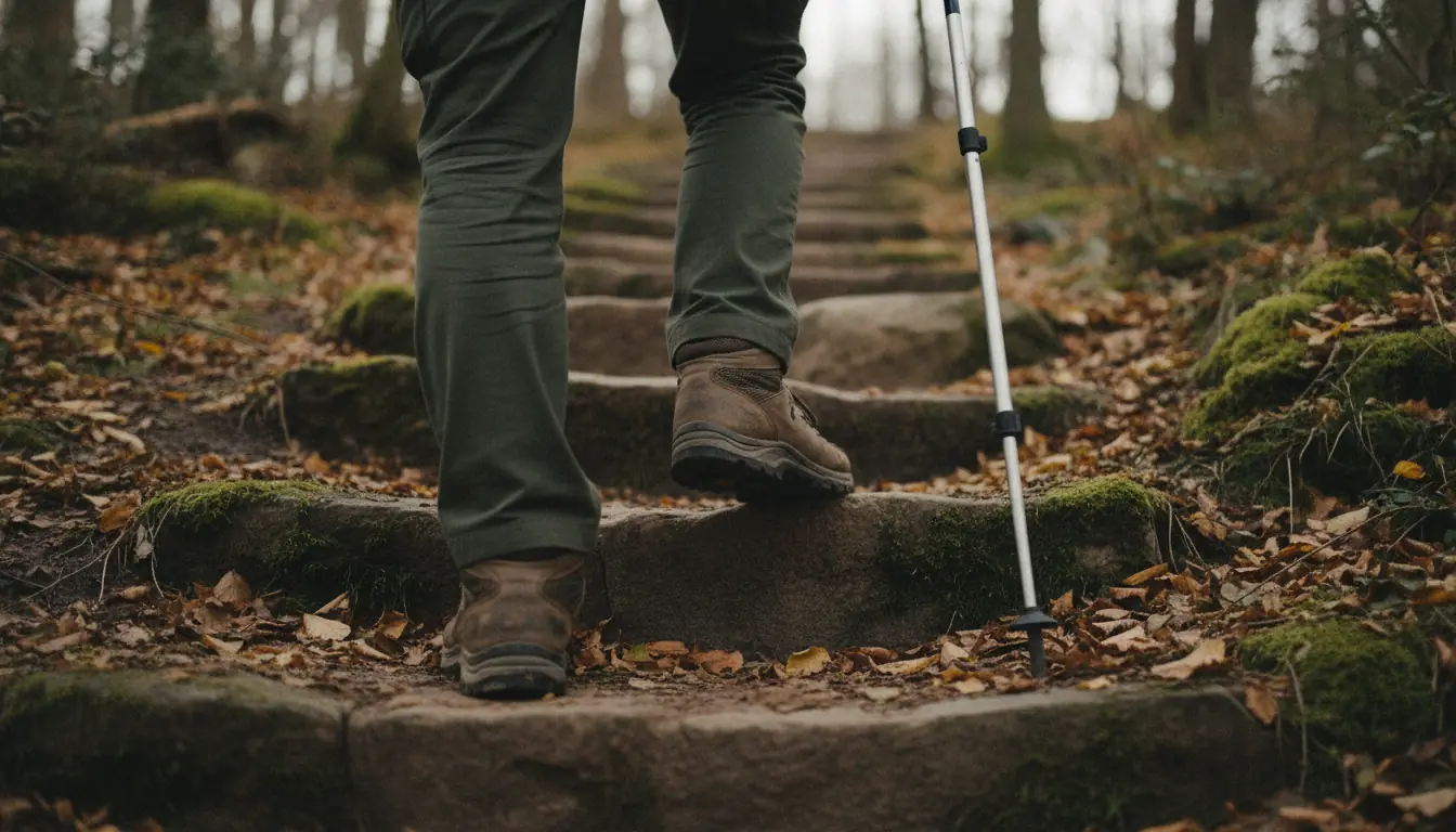 A hiker's boots mid-step on a steep staircase of rough stone steps set into a wooded hillside trail, with one trekking pole planted alongside