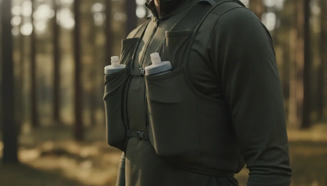 Side view of a runner's torso wearing a snug dark olive hydration vest, two soft flasks seated in the front chest pockets, stretch mesh panels wrapping the ribs