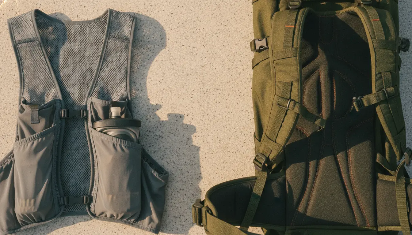 Overhead detail of a gray trail running vest harness with a soft flask in its chest pocket, lying on pale stone beside the padded shoulder straps and hip belt of an olive hiking backpack