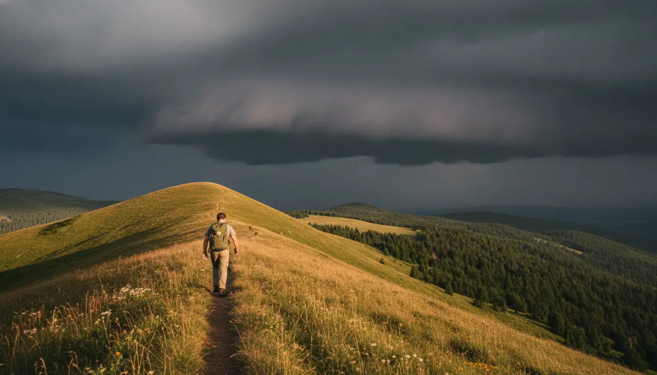 A lone hiker with an olive daypack walks a narrow dirt path up a bare grassy ridge toward a dark, low storm cloud, with sunlit forested hills falling away to the right