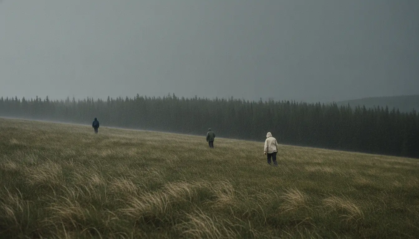 Three hikers in rain jackets cross a wide grassy slope in heavy rain, each separated from the next by a wide gap of empty grass, heading down toward a dark line of conifer forest