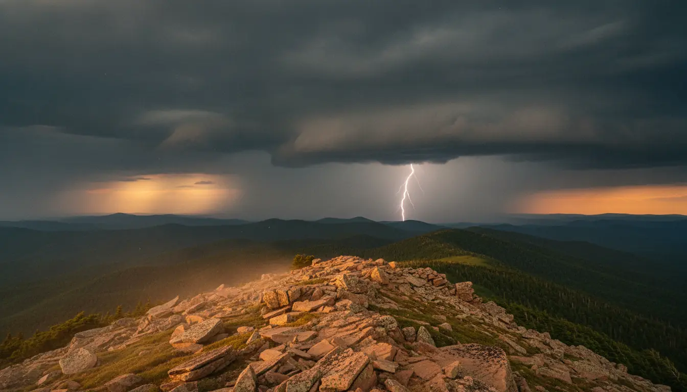 A single lightning bolt drops from a dark storm cloud over rolling forested mountains, seen from a dry, sunlit rocky summit in the foreground