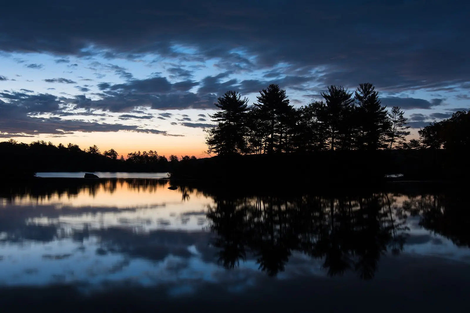A stand of white pines silhouetted on a low headland above a still lake, reflected in the water under a banded orange and deep blue twilight sky