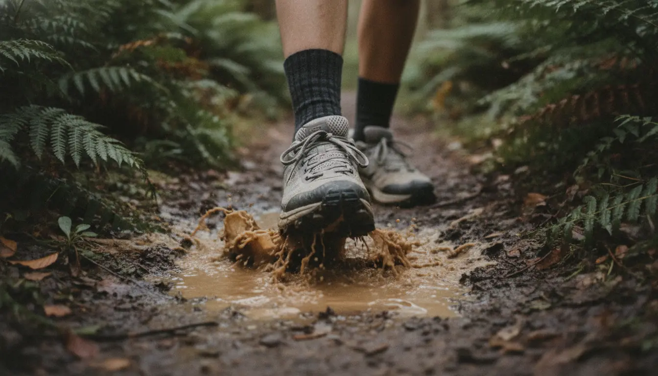 A low-cut mesh trail running shoe stepping straight into a shallow muddy puddle in the middle of a narrow forest trail, water splashing over the sole