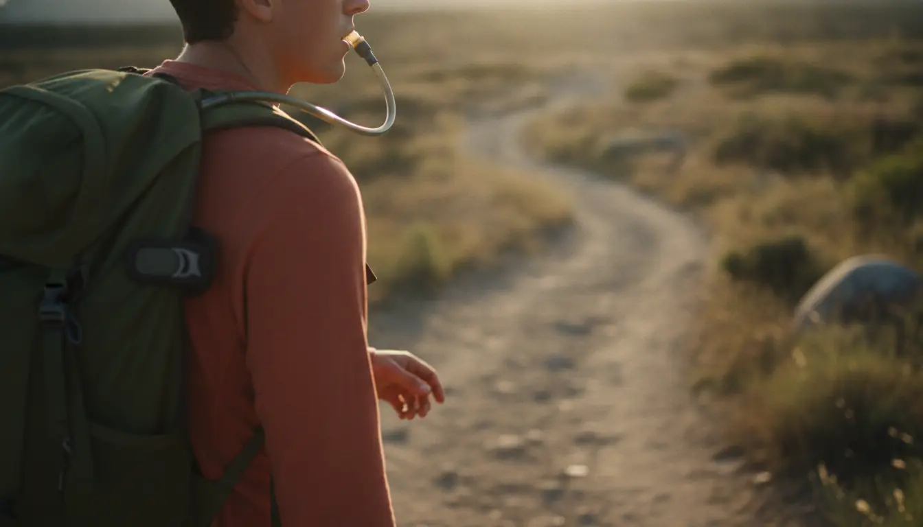 A hiker seen from behind and to the side, drinking from a bite valve clipped to their pack's shoulder strap while still walking a sandy trail in low evening light