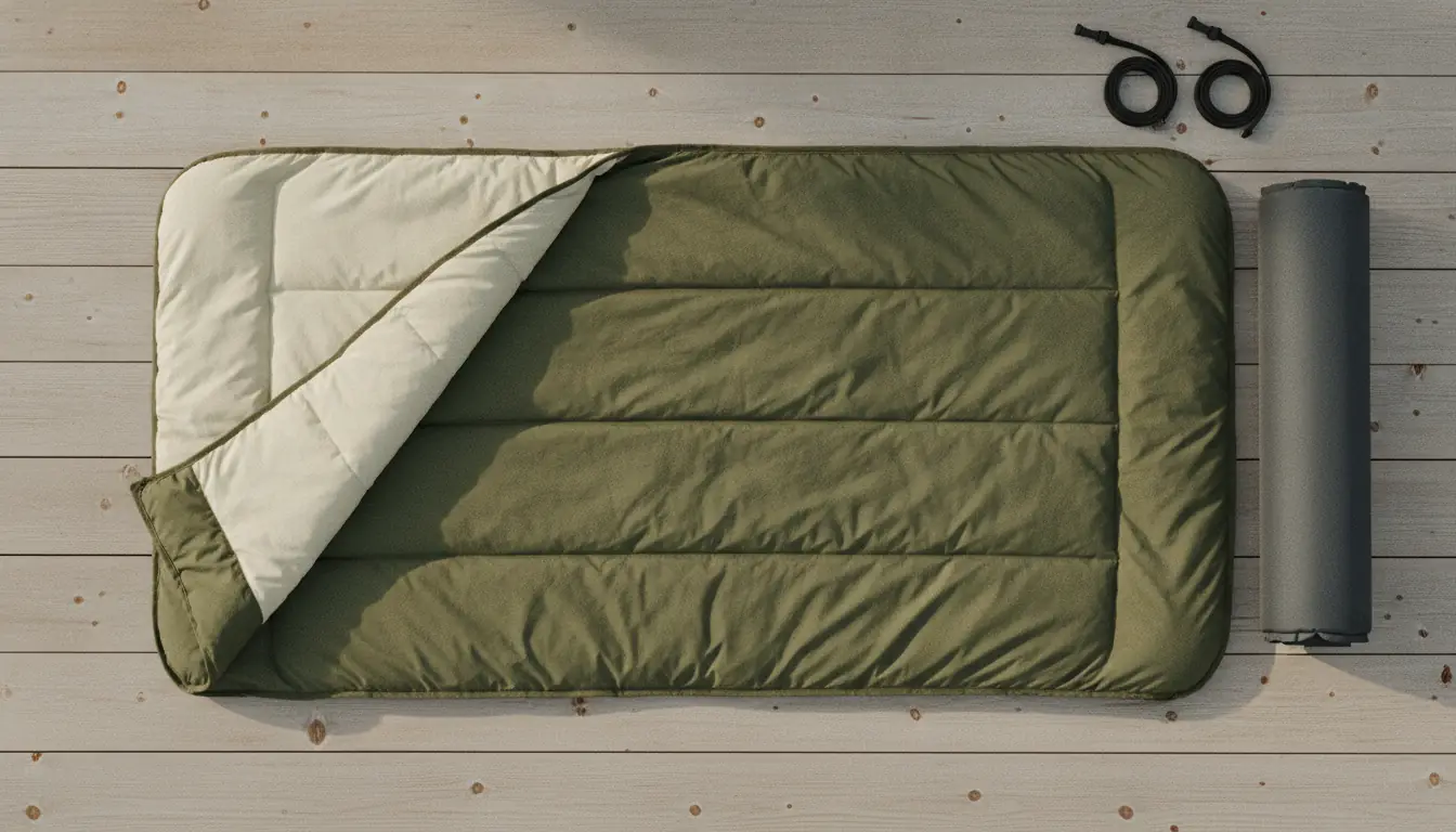 Overhead view of a rectangular olive down quilt spread on pale wood planks with one corner folded back to show its cream lining, beside a rolled sleeping pad and two elastic pad straps